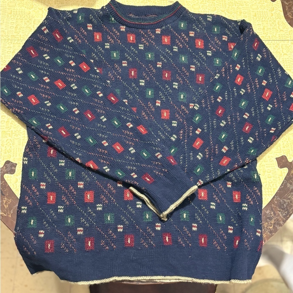 Vintage Men's Geometric Knit Sweater - Blue and Red